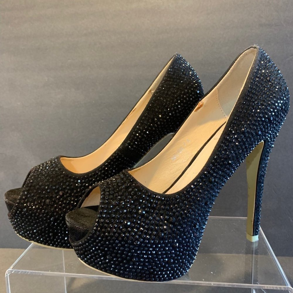 Kiss Kouture Womens 7.5 Black Crystal Embellished Peep Toe Stilleto's  PreOwned